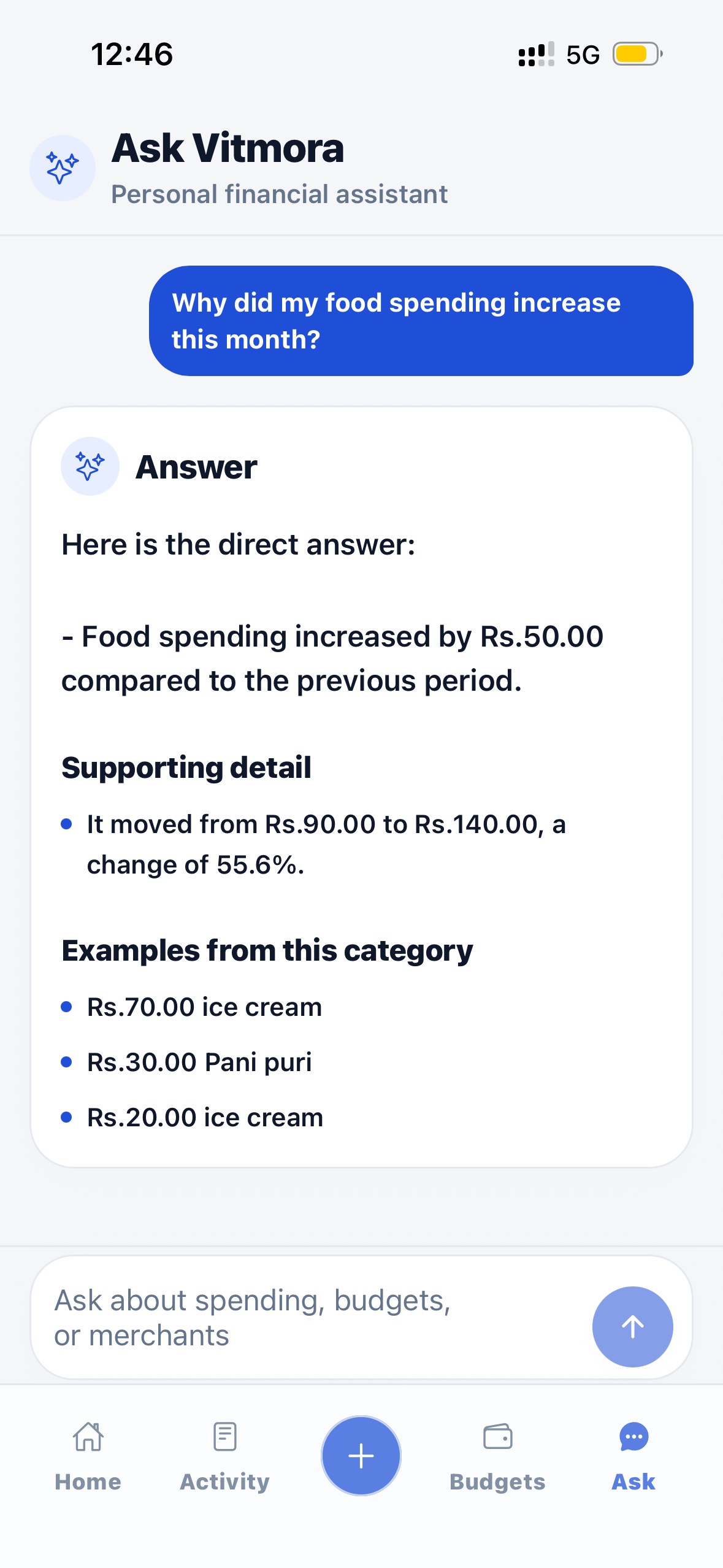 Ask Vitmora mobile screen showing an answer about food spending