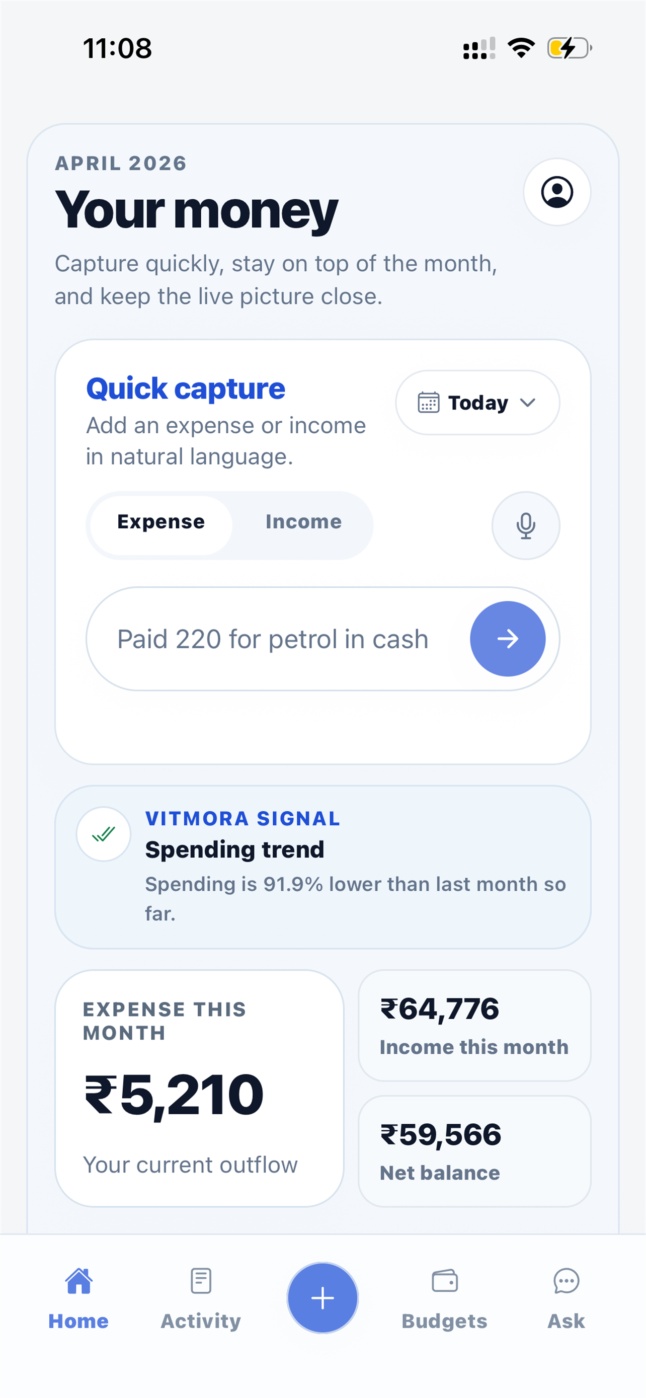 Vitmora mobile app home screen with quick capture and monthly money overview